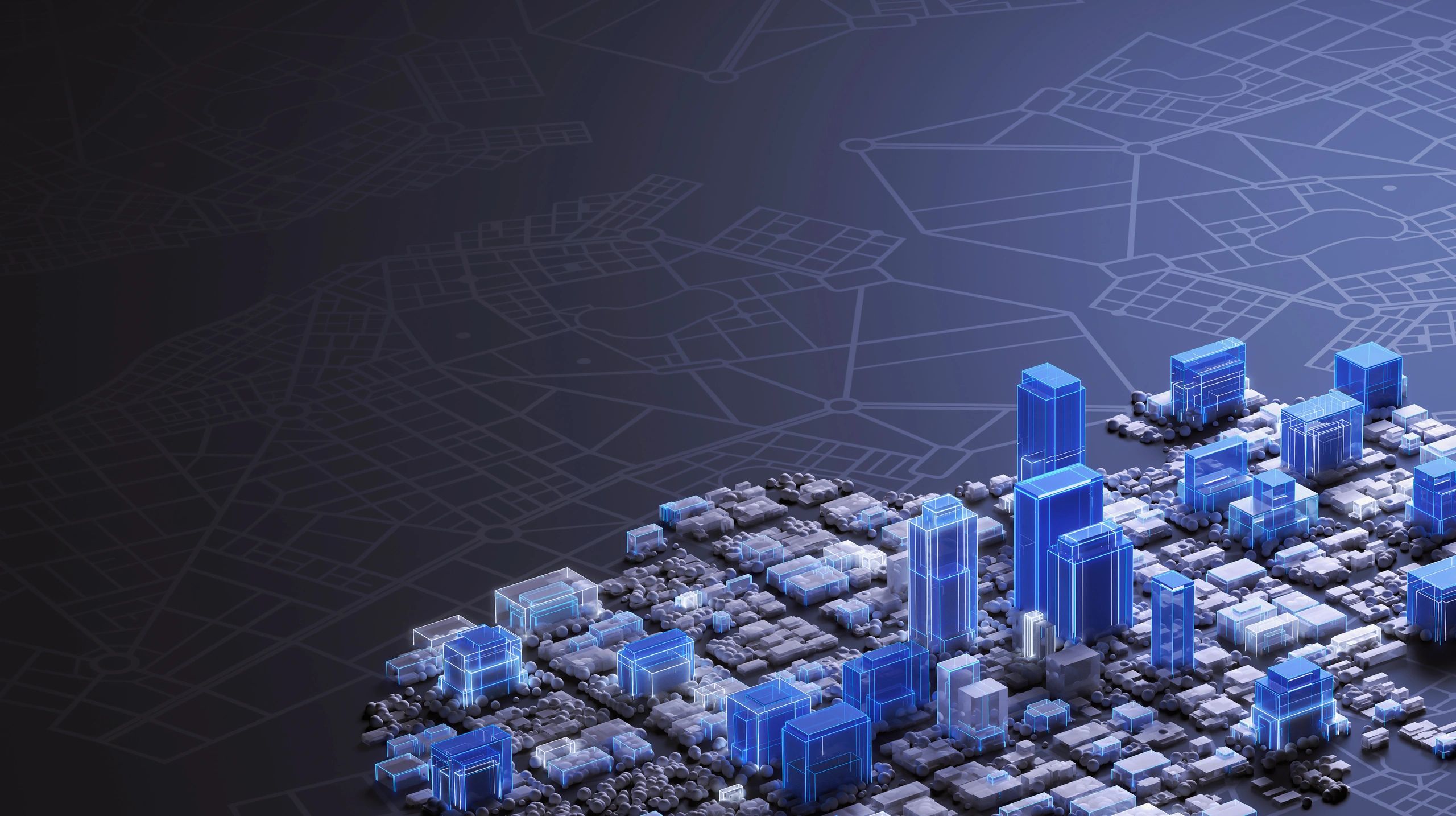 Abstract connected city network with blue illuminated infrastructure