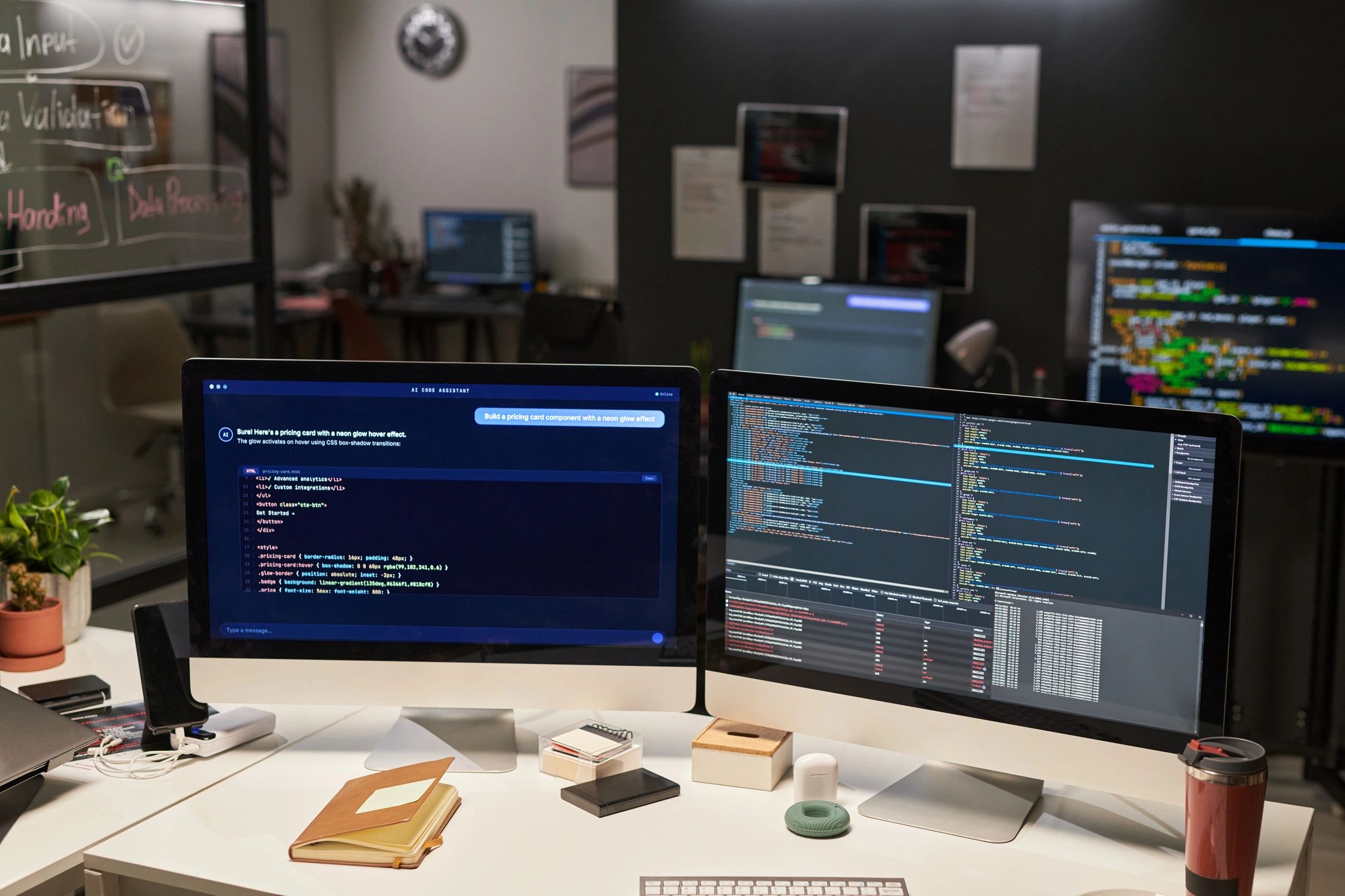 Technical workstation with multiple screens supporting AI-enabled mission software