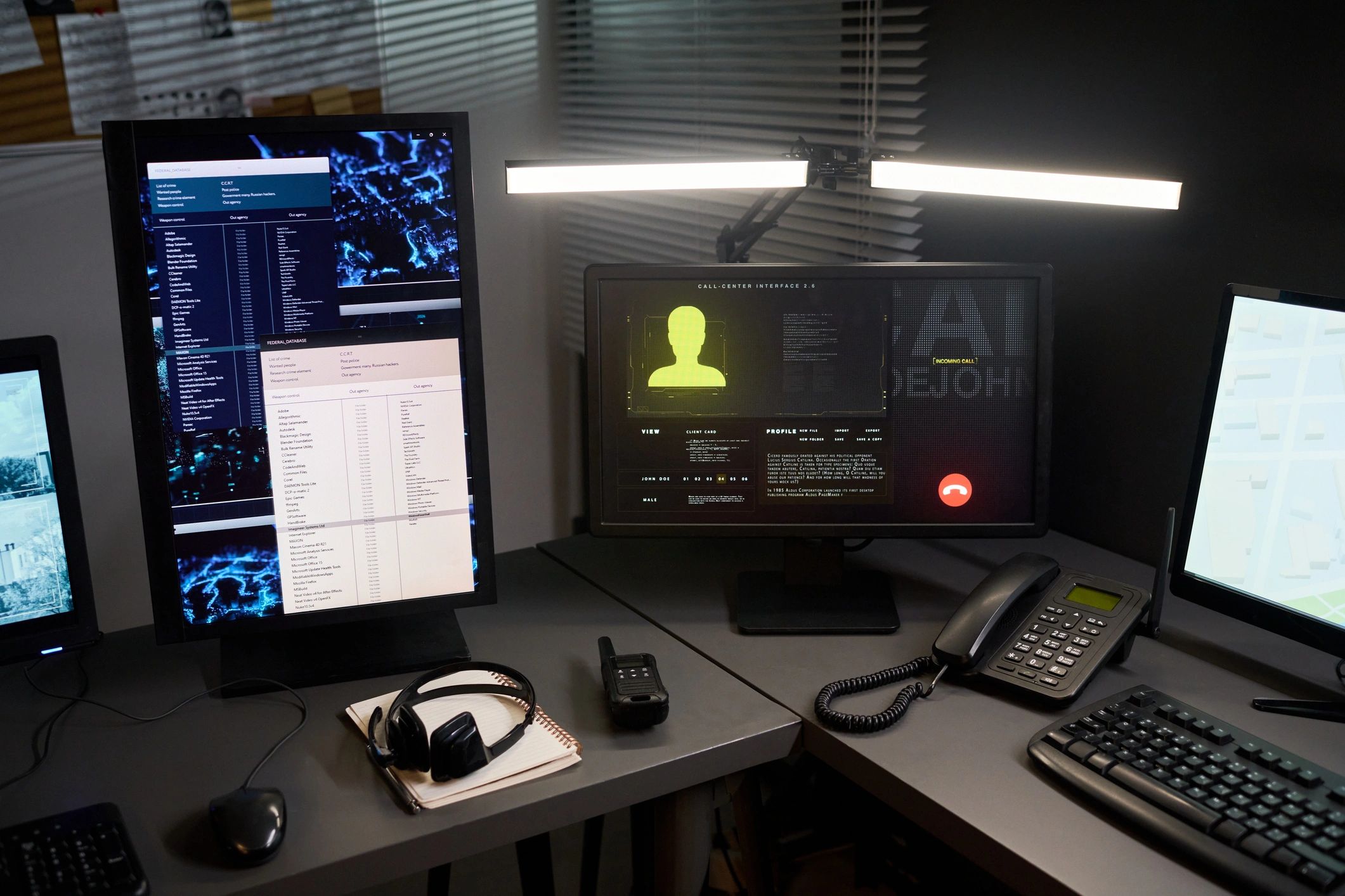 Secure operations center with technology displays and monitoring tools